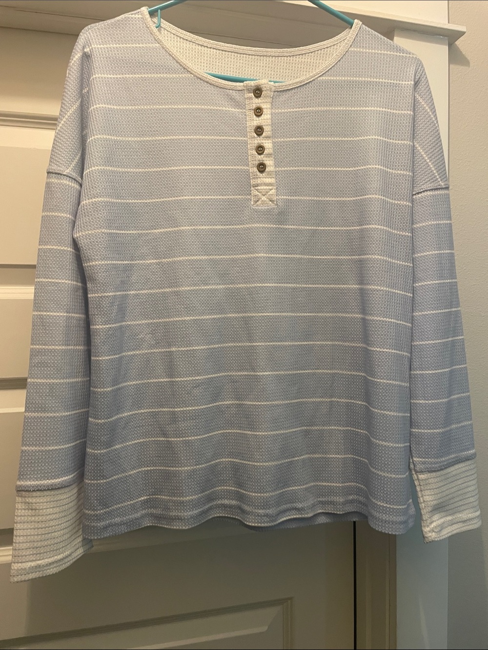 Striped Light Blue Henley Long-Sleeve Top
